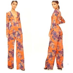 Orange Floral Print Long Sleeve Plunge Jumpsuit